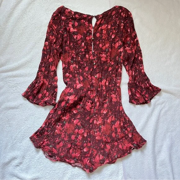 Free People Womens Maroon Berry Combo All The Right Ruffles Short Romper - Picture 6 of 11